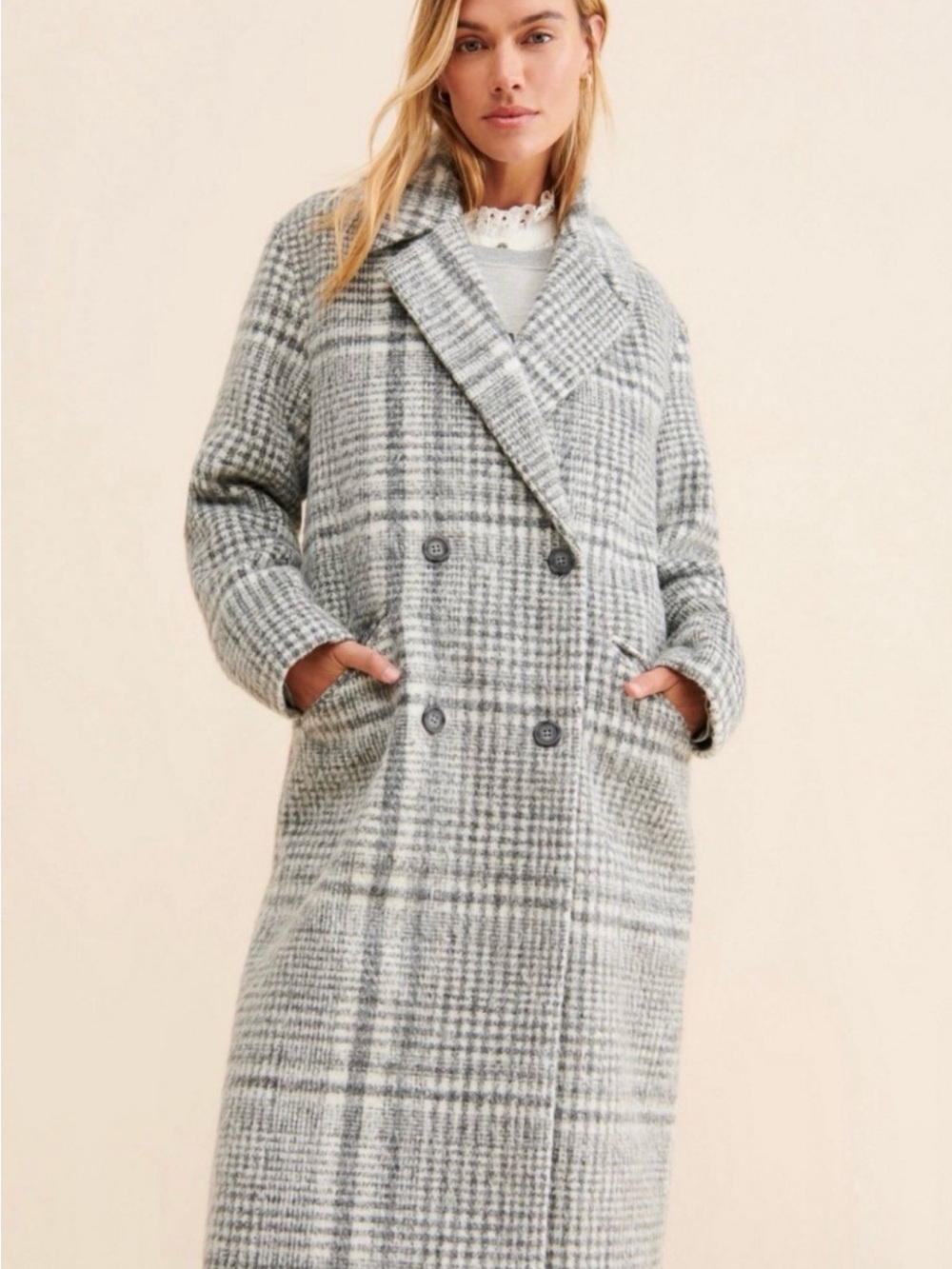 RD Style Mia Grey Plaid Double-Breasted Long Pea Coat Anthropologie R15